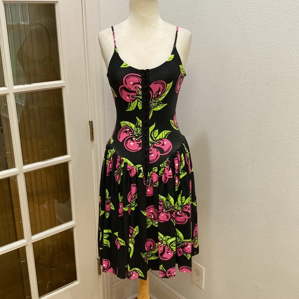 Vintage ๐ 80s Y2k Betsey Johnson Punk Label Archive Cherry Cotton-Lycra Dress - Picture 2 of 9